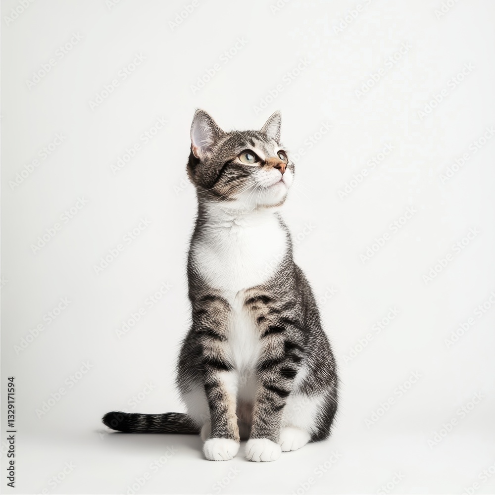 Portrait of a Tabby Cat Sitting and Looking Upwards on a Plain White Background Studio Shot Portrait of a Tabby Cat Sitting and Looking Upwards on a Plain White Background Studio Shot