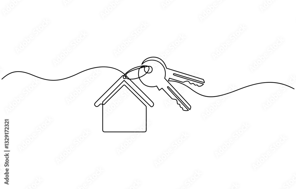 Continuous one line art drawing symbol of house keys, Real Estate Line Icon Vector Design, Continuous line art drawing of a house with a key, Set of keys against white background. Continuous one line art drawing symbol of house keys, Real Estate Line Icon Vector Design, Continuous line art drawing of a house with a key, Set of keys against white background.
