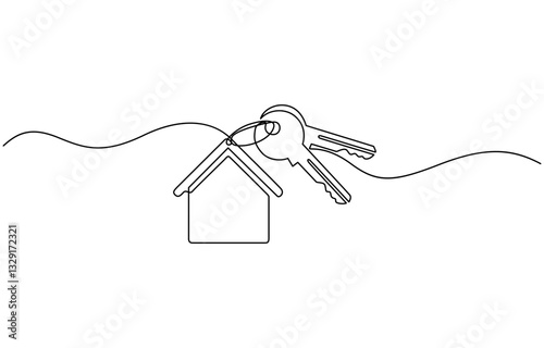 Continuous one line art drawing symbol of house keys, Real Estate Line Icon Vector Design, Continuous line art drawing of a house with a key, Set of keys against white background.