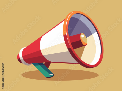 megaphone with a red handle and a white cone, on a soft cream background.