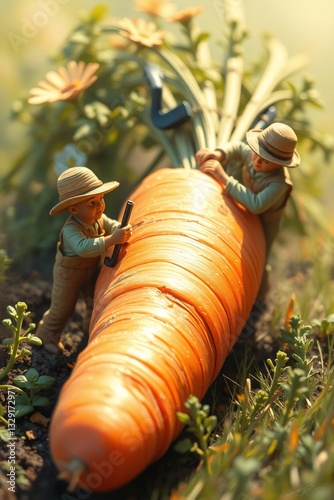Whimsical harvest: Two miniature farmers hauling a colossal carrot crop