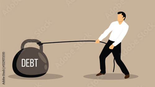 Business Man Pulling Debt Weight Struggling with Job and Finances. Difficult financial situation and economic crisis vector art