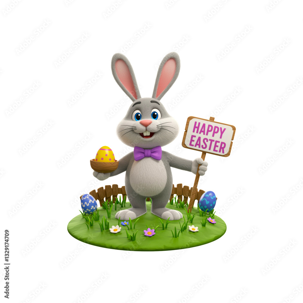 Fototapeta premium 3d cartoon character easter bunny holding a sign with the inscription happy easter on a transparent background. Easter bunny with congratulations png