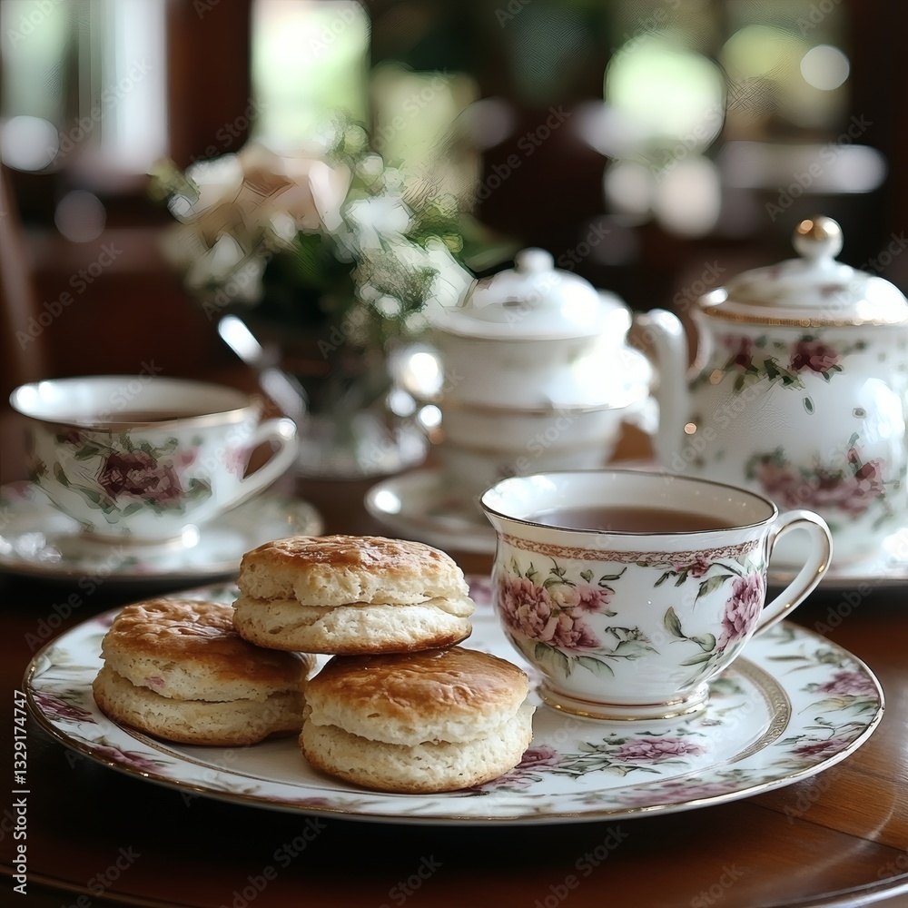 A charming tea set with a plate of scones, creating a delightful afternoon tea scene. This inviting image evokes a sense of comfort and sophistication, perfect for adding warmth to any project. A charming tea set with a plate of scones, creating a delightful afternoon tea scene. This inviting image evokes a sense of comfort and sophistication, perfect for adding warmth to any project.