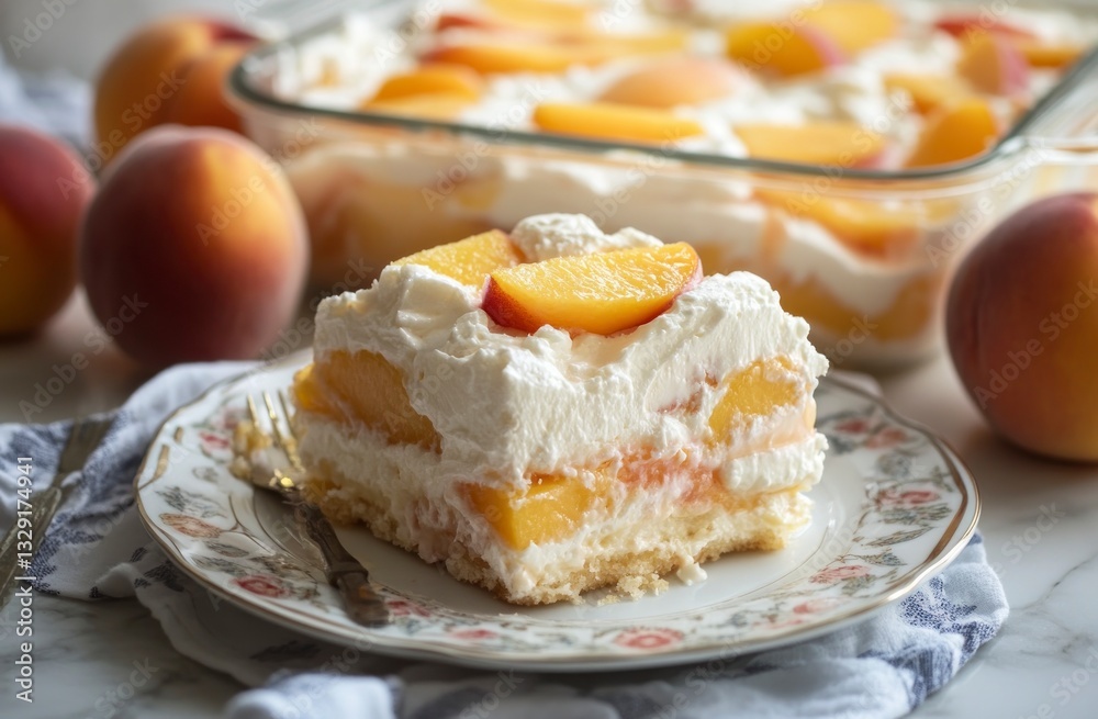 Enjoying Peach Dessert a Delicious Layered Cake with Whipped Topping Enjoying Peach Dessert a Delicious Layered Cake with Whipped Topping