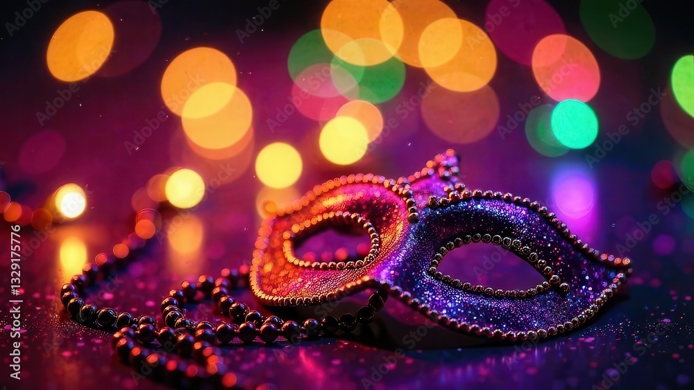 Obraz premium Masquerade mask with necklace on glitter background