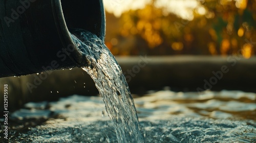 Pouring water from a dark bucket into a basin in a natural garden setting