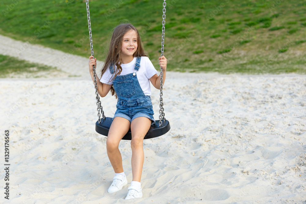 Happy joyful little girl in white summer dress rides on a swing on a sandy beach with green lawn background or on playground in children park, on a sunny day. Vacation concept. Children's Day Happy joyful little girl in white summer dress rides on a swing on a sandy beach with green lawn background or on playground in children park, on a sunny day. Vacation concept. Children's Day