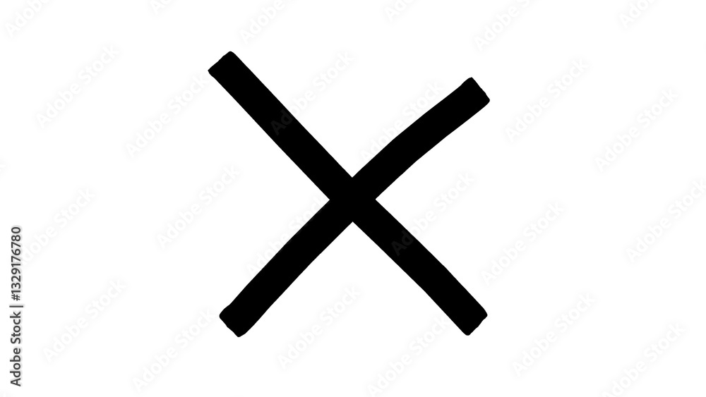 Obraz premium A black cross or X mark, drawn with a brush, with little dots inside it, on a transparent background.
