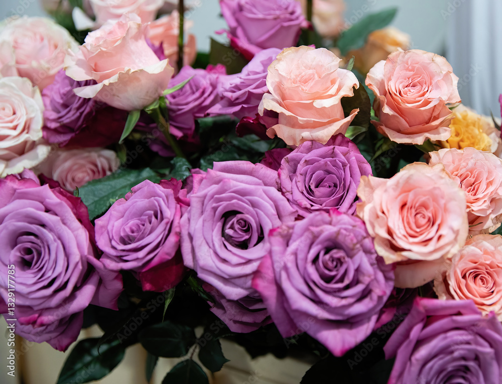 Bouquet of flowers from roses of different colors. Pink and purple roses. Bouquet of flowers from roses of different colors. Pink and purple roses.