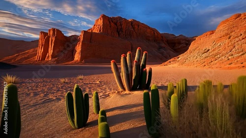 Desert landscape with cacti and sandstone formations photo