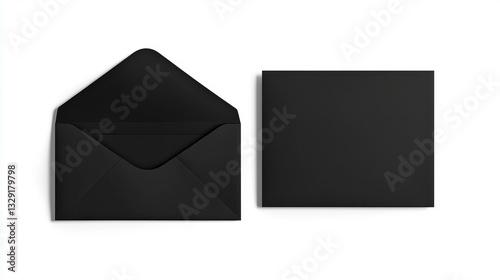 A sleek black envelope accompanied by a blank mail card mockup. Realistic vector illustration of a modern empty postcard template, isolated on a white background