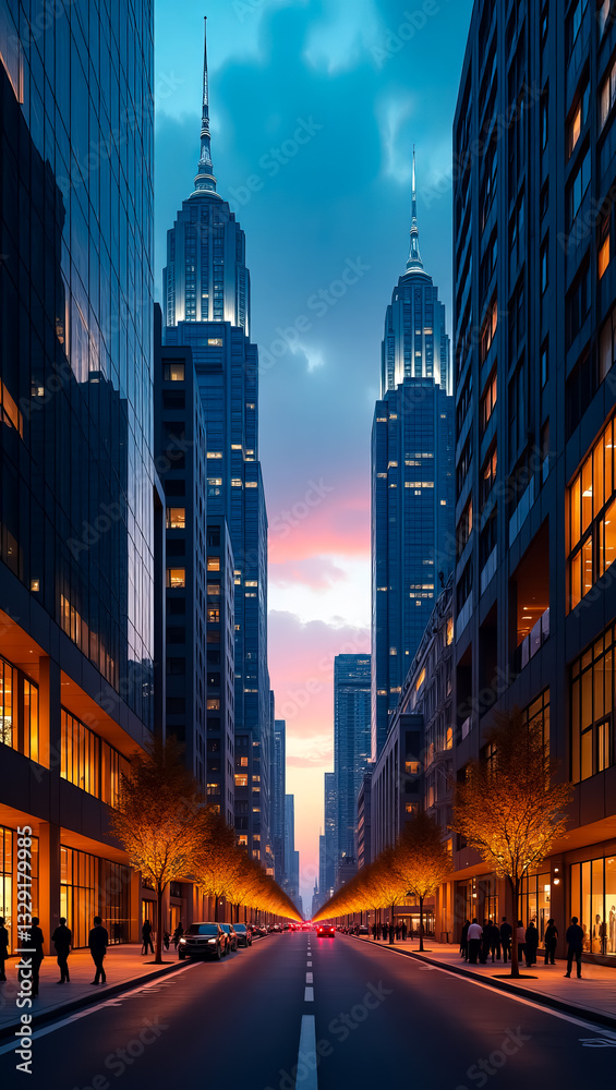 Obraz premium Stunning Cityscape Evening View Skyscrapers Illuminated Street Urban Night Modern Architecture Buildings City Twilight Golden Hour Dramatic Sky 