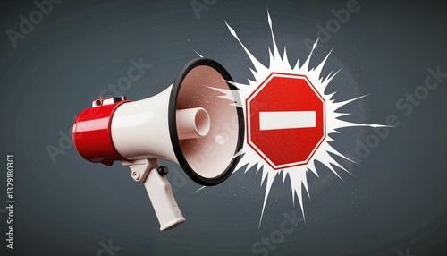 Megaphone broadcasting safety message with urgency, impactful concept