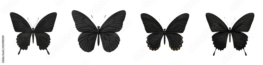 Fototapeta premium A collection of four detailed black butterfly silhouettes exhibited against a pristine white backdrop highlighting the elegant symmetry and graceful form of these delicate insects