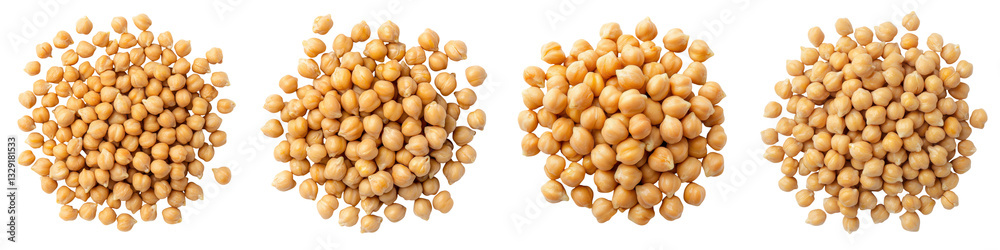 A collection of stacked piles of fresh whole chickpeas or garbanzo beans on a clean white studio backdrop A collection of stacked piles of fresh whole chickpeas or garbanzo beans on a clean white studio backdrop