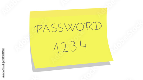 A yellow sticky note with "PASSWORD 1234" handwritten in black ink, representing poor password security and cybersecurity risks.