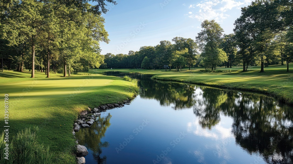 Serene golf course landscape with tranquil water feature. Serene golf course landscape with tranquil water feature.