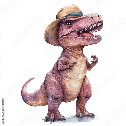 Watercolor Illustration of Dinosaur T Rex in Cowboy Hat with Hands Raised in Surprise Gesture
