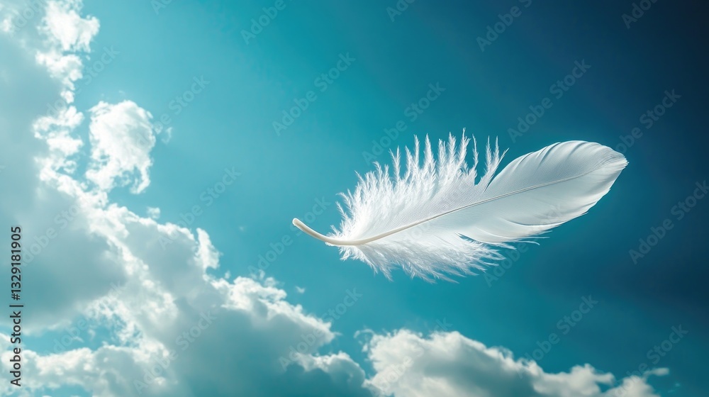 Floating White Feather Against a Clear Blue Sky with Soft Clouds and Sunlight Shining Through Floating White Feather Against a Clear Blue Sky with Soft Clouds and Sunlight Shining Through