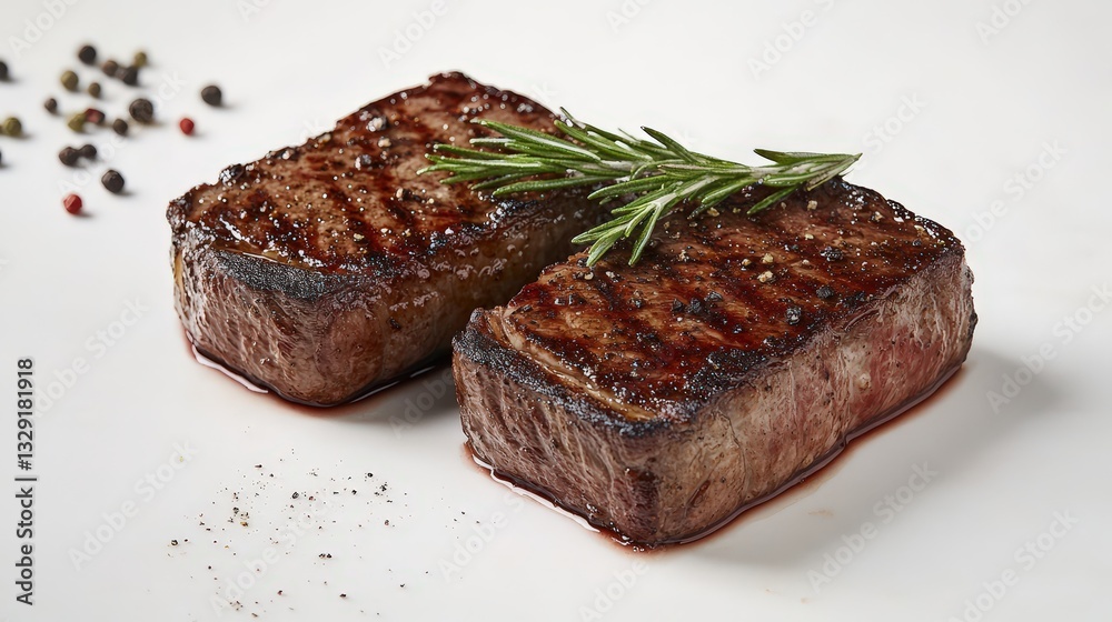 Savor a succulent medium-rare steak with a rich, dark-brown glaze resting elegantly on pristine white, inviting texture contrasts for a mouth-watering experience Savor a succulent medium-rare steak with a rich, dark-brown glaze resting elegantly on pristine white, inviting texture contrasts for a mouth-watering experience