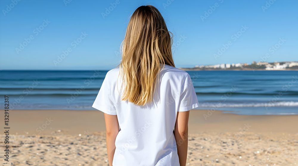 Woman in White T Shirt Facing Ocean Beach Woman in White T Shirt Facing Ocean Beach