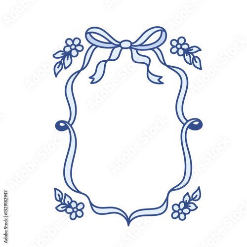 Coquette frame of blue bows and ribbons. Hand drawn holiday border decorated with cute flowers. Vintage whimsical background for greeting cards, wedding, invitations, social media