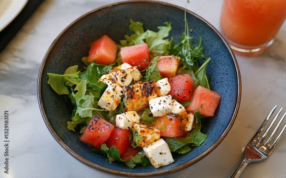 Delicious Watermelon Salad with Feta Cheese and Arugula for Lunch Delicious Watermelon Salad with Feta Cheese and Arugula for Lunch