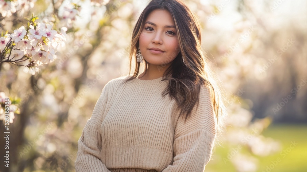 hispanic woman in beige sweater standing among blooming trees in sunlit park. springtime beauty and tranquility. spring, seasonal portrait, nature appreciation. hispanic woman in beige sweater standing among blooming trees in sunlit park. springtime beauty and tranquility. spring, seasonal portrait, nature appreciation.