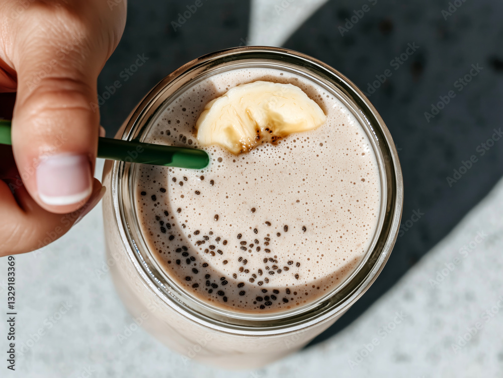 Healthy banana smoothie with chia seeds in mason jar, summer wellness drink in sunlight Healthy banana smoothie with chia seeds in mason jar, summer wellness drink in sunlight