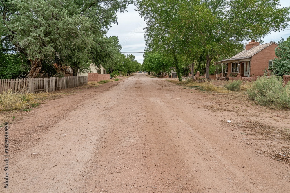 Empty country road lined with houses and trees Empty country road lined with houses and trees