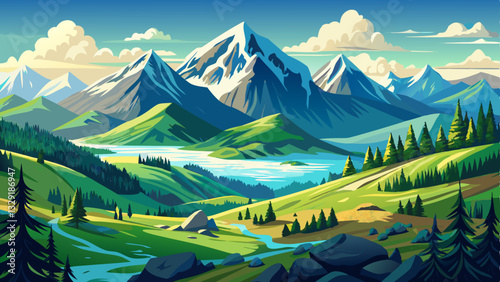 a view of a mountain range with a valley in the foreground, color field, alpine scenery, swiss alps, beautiful landscape background,