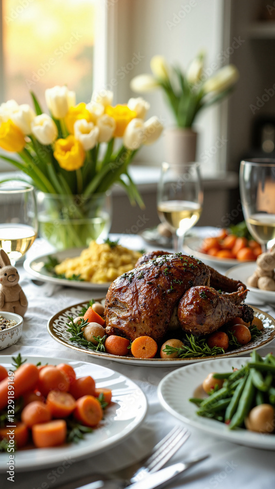 Easter Feast: A Beautifully Arranged Table with Roasted Lamb, Side Dishes, and Spring Flowers for Culinary Marketing and Family Gatherings Easter Feast: A Beautifully Arranged Table with Roasted Lamb, Side Dishes, and Spring Flowers for Culinary Marketing and Family Gatherings