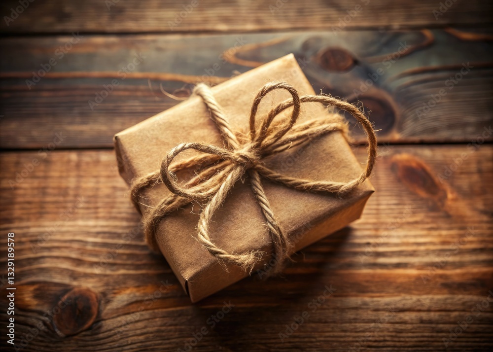 Brown gift box, twine-bound, captured with long-exposure photography; a top-down view ideal for special celebrations. Brown gift box, twine-bound, captured with long-exposure photography; a top-down view ideal for special celebrations.