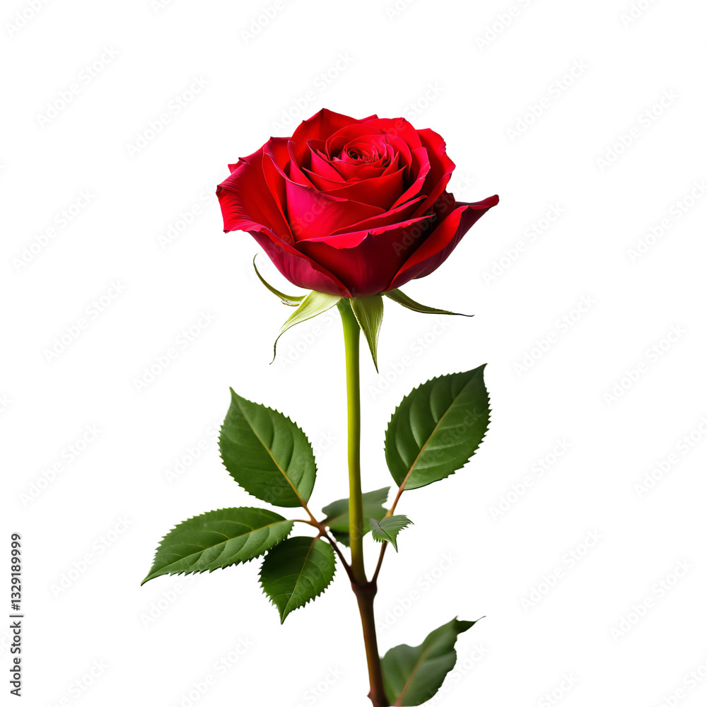 Fototapeta premium Vibrant Red Rose with Stem and Green Leaves, transparent background