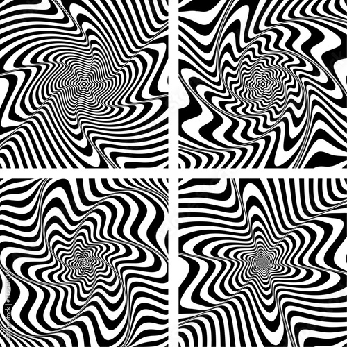 Set of Abstract Wavy Lines Patterns. Rotation Motion Illusion.