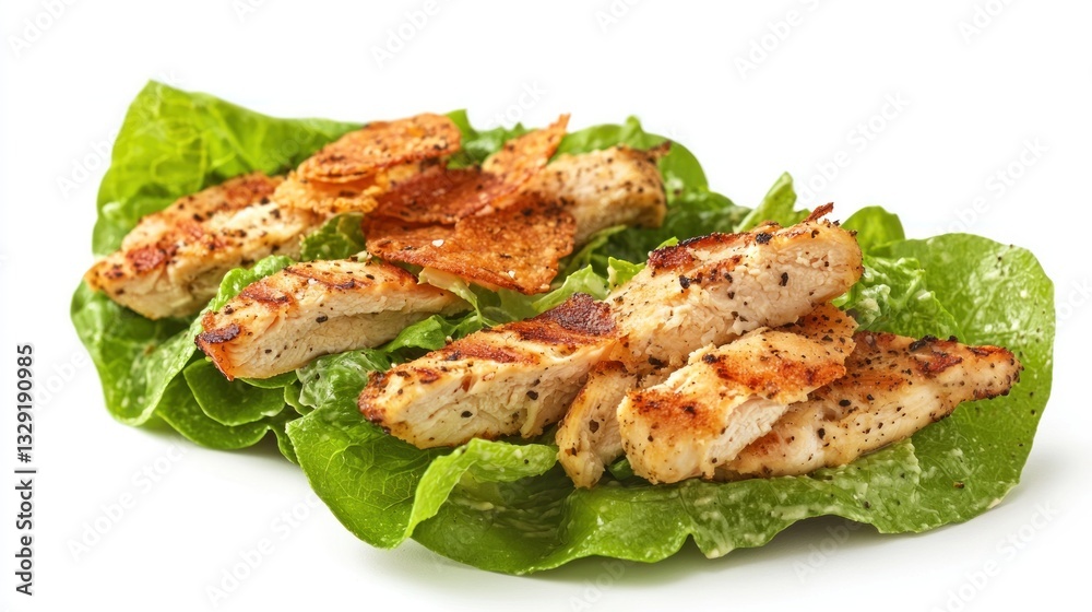 A luxurious version of chicken Caesar salad with truffle oil drizzle, Parmesan crisps, and grilled chicken strips A luxurious version of chicken Caesar salad with truffle oil drizzle, Parmesan crisps, and grilled chicken strips