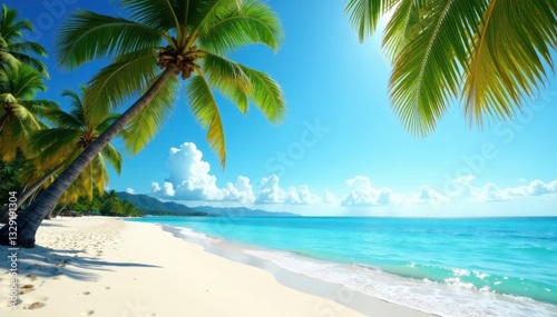 Sun-drenched beach  turquoise water  leaning palm trees  tropical  beach  image