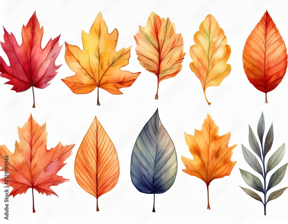 Generated image Autumn leaves watercolor set. Beautiful fall foliage. Seasonal decor. Botanical clipart Generated image Autumn leaves watercolor set. Beautiful fall foliage. Seasonal decor. Botanical clipart