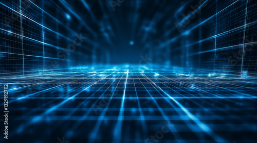 Abstract geometric background - bright blue light from glowing horizon, speed concept,3d abstract 1980's retrowave, cyberpunk background with copy space, neon perspective grid