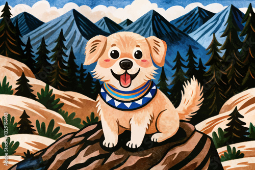funny dog in beautiful mountains natural forest abstract cartoon illustration