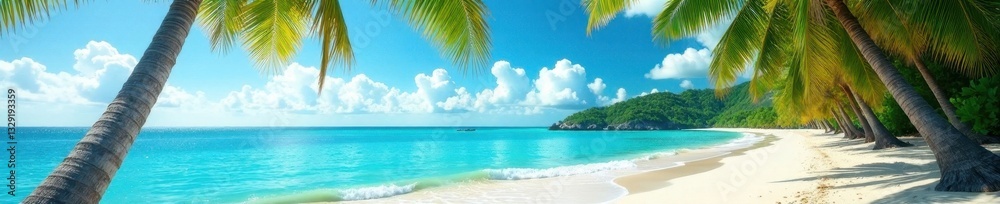Fototapeta premium Vibrant beach scene, swaying palms, idyllic island , sand, summer, sky
