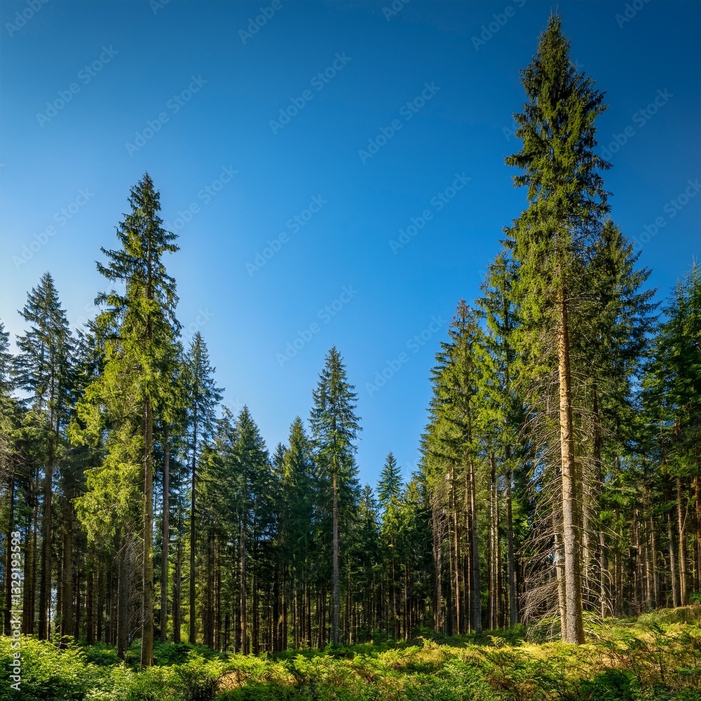 Generated image Beauty and tranquility of a dense spruce forest with towering trees and a vivid contrast Generated image Beauty and tranquility of a dense spruce forest with towering trees and a vivid contrast
