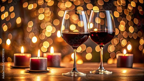 Close-up:  wine glasses and a flickering candle create a romantic, bokeh-filled dinner.