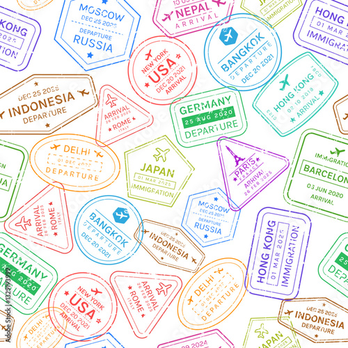 Seamless Pattern of Colorful Visa Stamps from Passport Control Offices in Various Countries