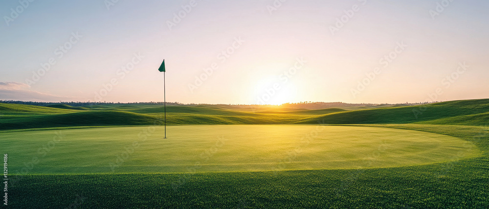 Obraz premium Majestic sunrise over green golf course with shadows and flag. serene landscape evokes sense of tranquility and beauty in nature