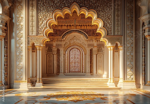 Intricate Palace Interior with Ornate Arches and Majestic Wooden Door