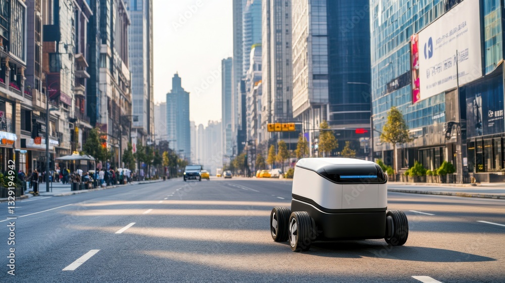 Fototapeta premium An autonomous delivery robot for groceries, suburban neighborhood with robot delivering groceries, Logistics tech style