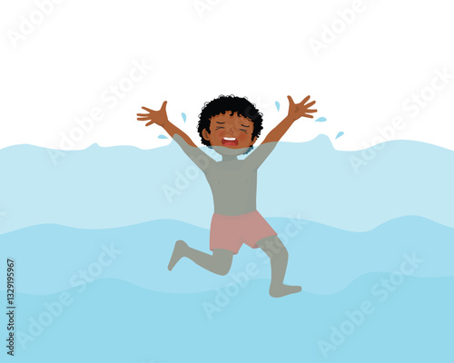 Little African boy drowning in the swimming pool waving hands calling for help

