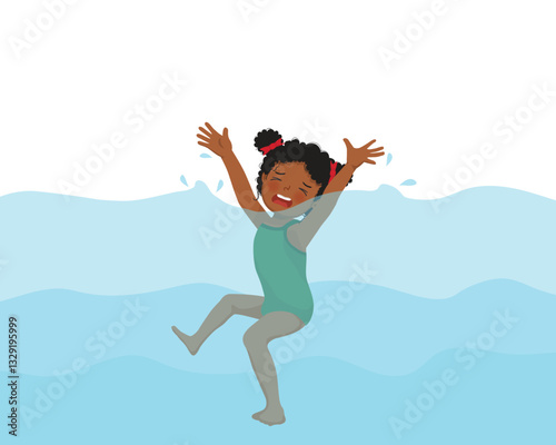 Little African girl drowning in the swimming pool waving hands calling for help
